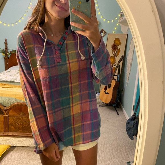 vintage rainbow flannel button up hoodie! - Picture 4 of 9